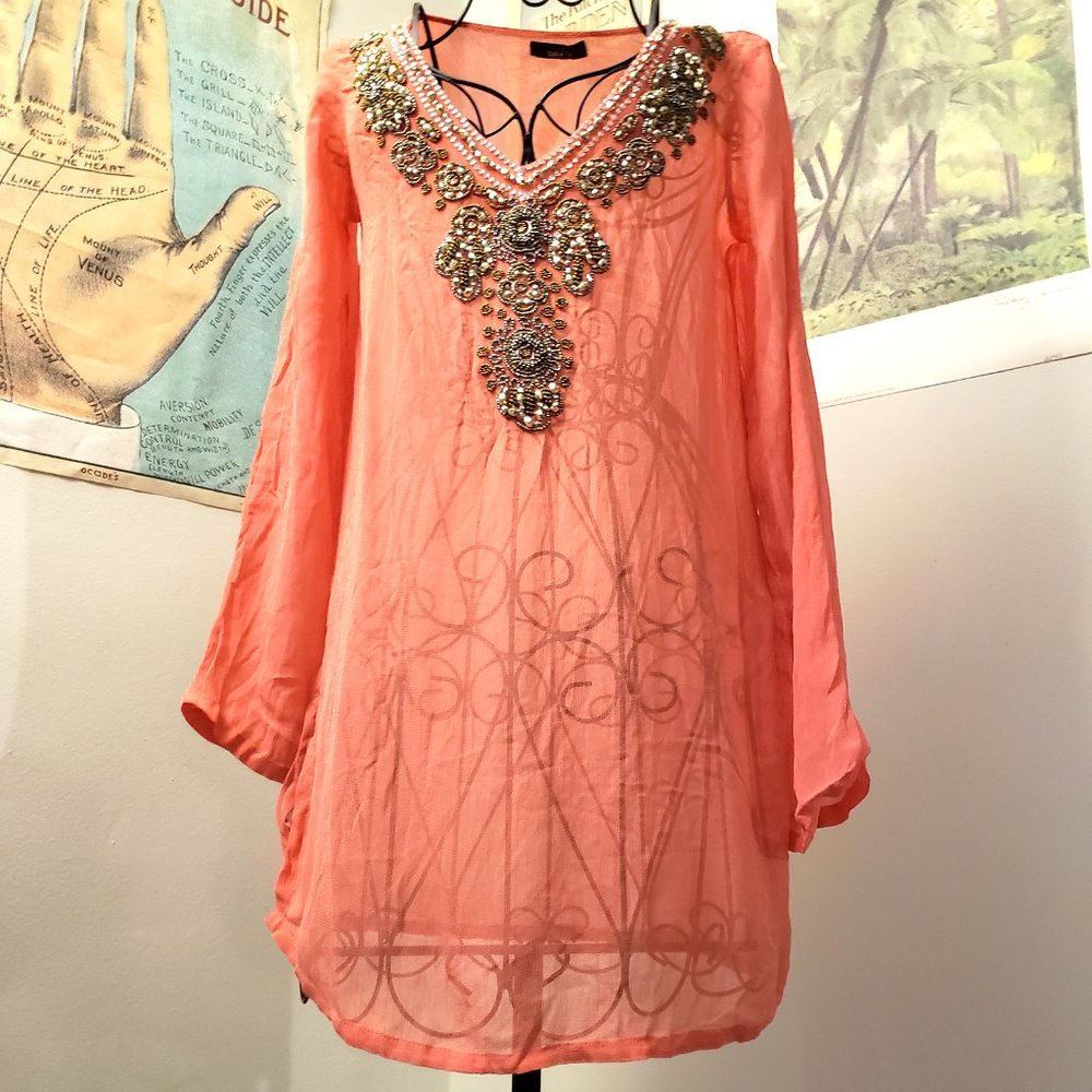 SOLD Melon Peach & Metallic Embroidered Bell Sleeve Bohemian Indie Blouse Top S
